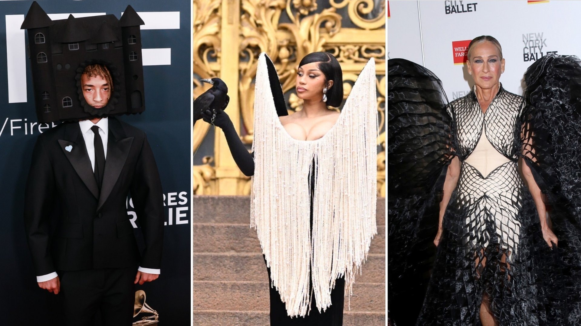Jaden Smith kam in diesem Jahr mit einer Burg auf den roten Teppich, Cardi B mit einem lebendigen Raben und Sarah Jessica Parker als schwarzer Engel mit XXL-Flügeln. Und das waren längt nicht alle skurrilen Looks 2025.