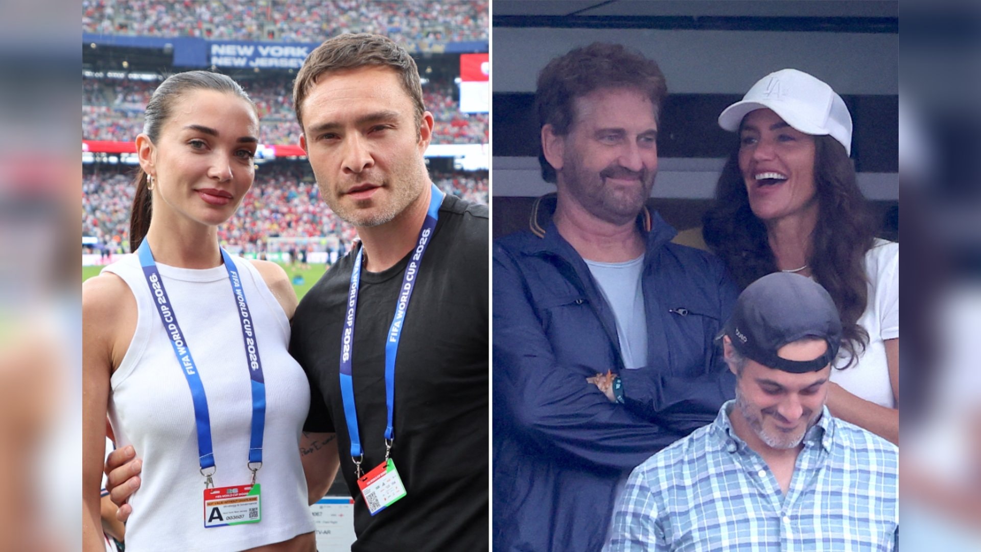 V.l.: Ed Westwick und Amy Jackson sowie Gerard Butler und Morgan Brown im Stadion.