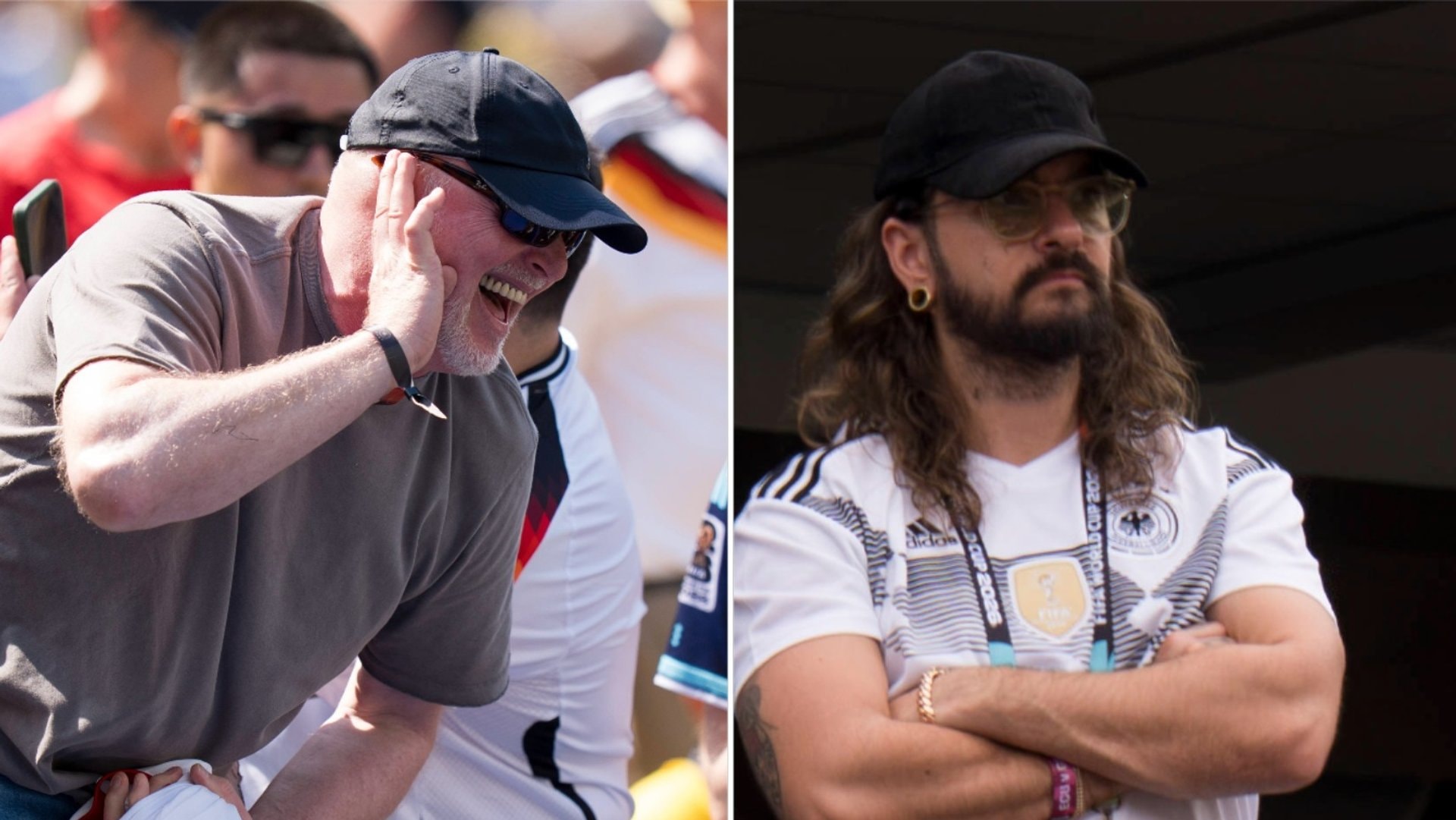 Gleiche Kopfbedeckung, unterschiedliche Stimmungslage: Stefan Raab (l.) und Tom Kaulitz beim Spiel der deutschen Nationalmannschaft gegen Ecuador.