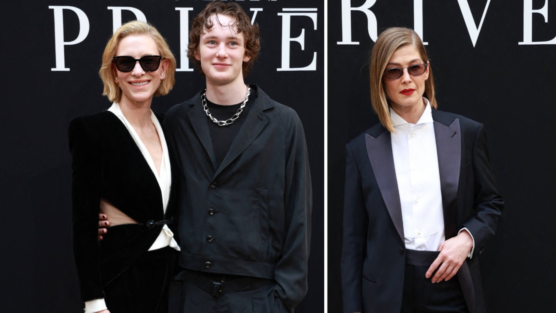 Cate Blanchett, Ignatius Martin Upton und Rosamund Pike im auffallenden Schwarz-Weiss-Look bei der Giorgio-Armani-Show.