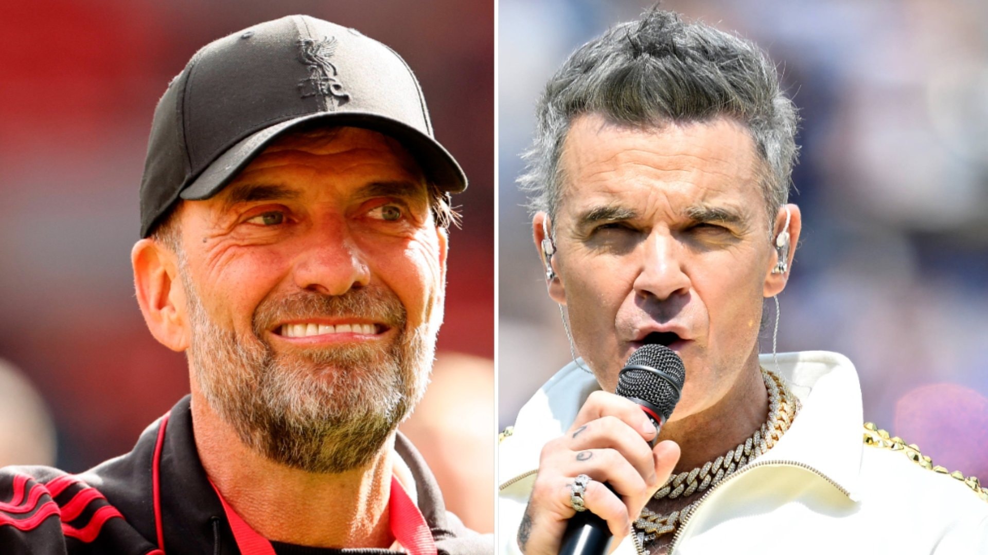 Jürgen Klopp (à g.) et Robbie Williams ont offert un moment télévisé mémorable dans la nuit de dimanche à lundi.