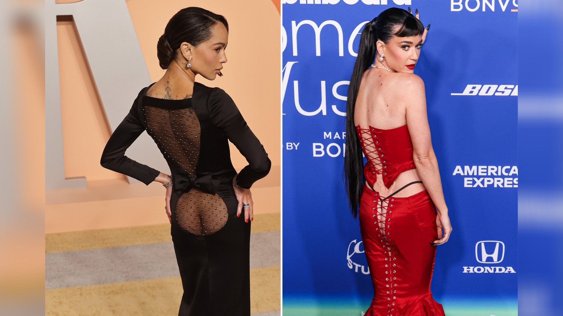 Mit transparenten Stoffen und Korsett-Details machen Promis wie Zoë Kravitz (l.) und Katy Perry ihre Kehrseite zum Star des Outfits.