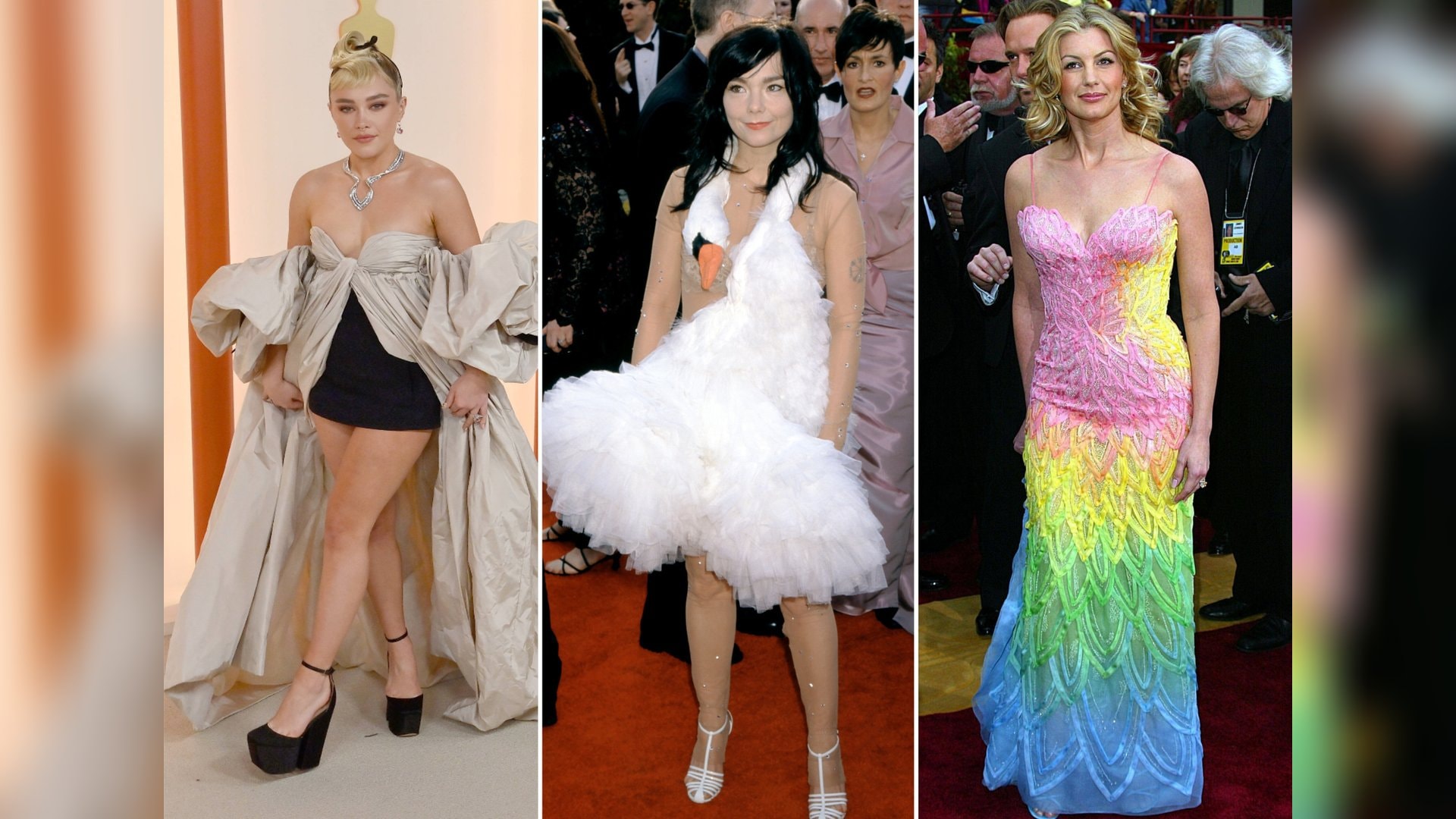 Florence Pugh, Björk und Faith Hill (v.l.n.r.): Sie alle fielen negativ mit ihren Oscar-Looks auf.