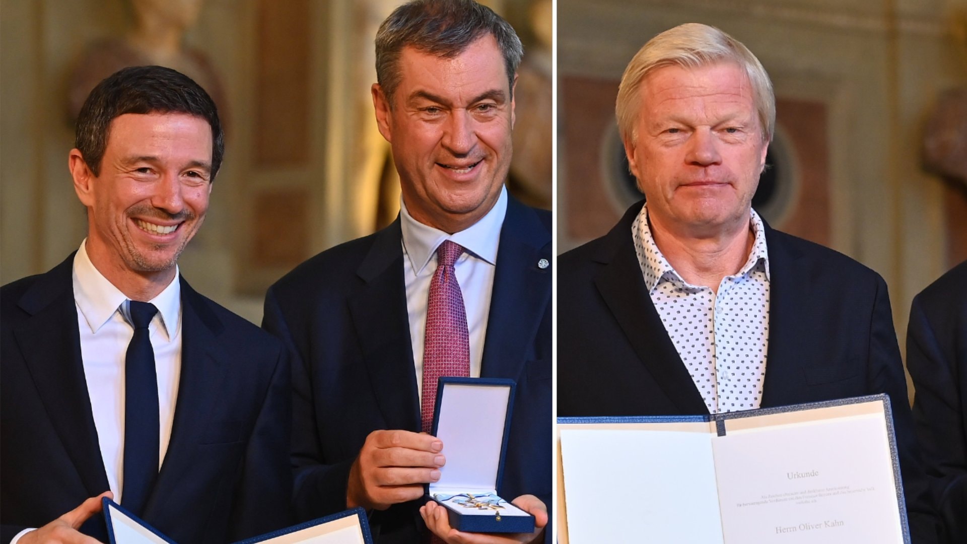 Oliver Berben (l.) und Oliver Kahn (r.) haben sich in den Augen Markus Söders besonders um den Freistaat Bayern verdient gemacht.