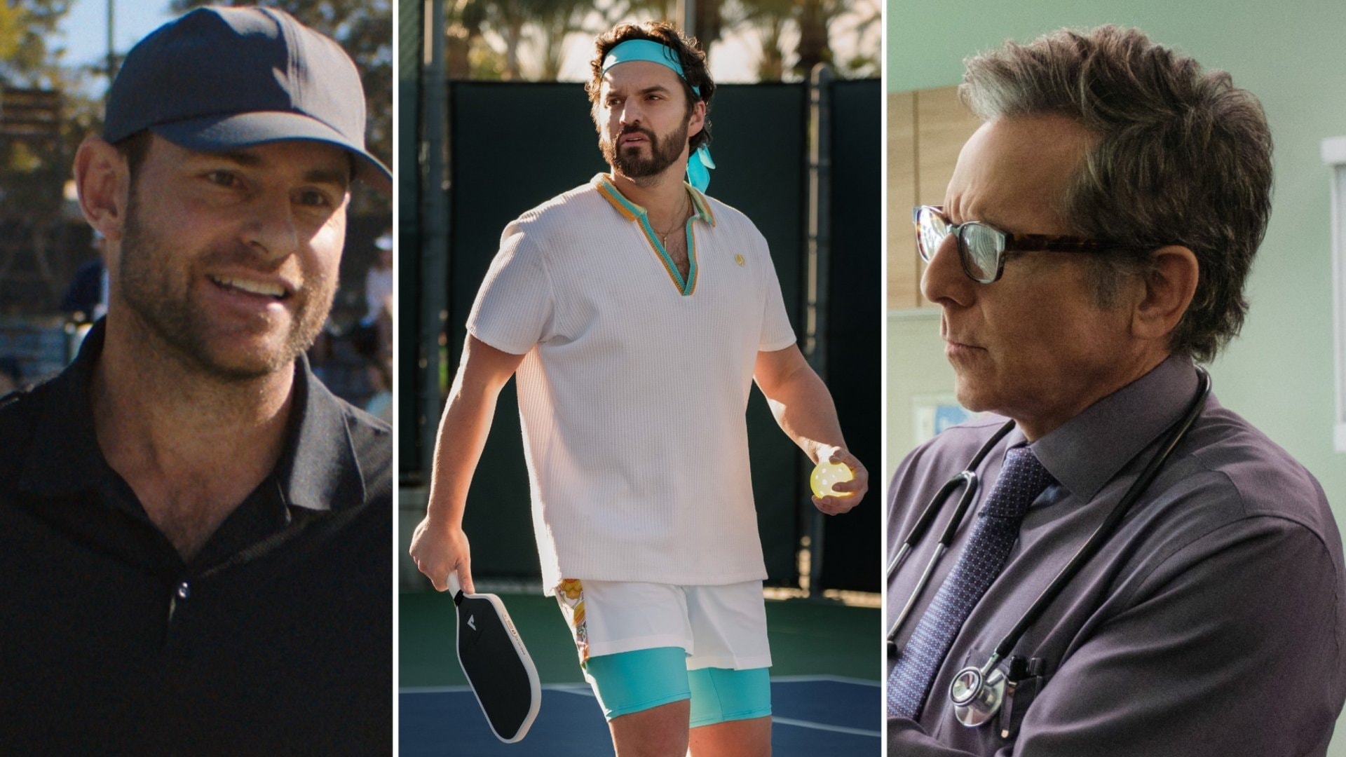 Jake Johnson (au centre) joue le rôle principal dans la comédie «The Dink». L'ex-star du tennis américain Andy Roddick (à g.) joue son propre rôle et Ben Stiller incarne un médecin.